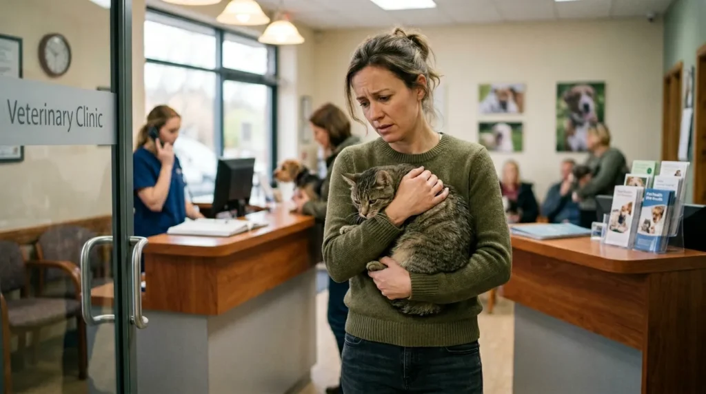 indoor cat depression vet warning — worried owner carrying thin withdrawn cat into veterinary clinic reception