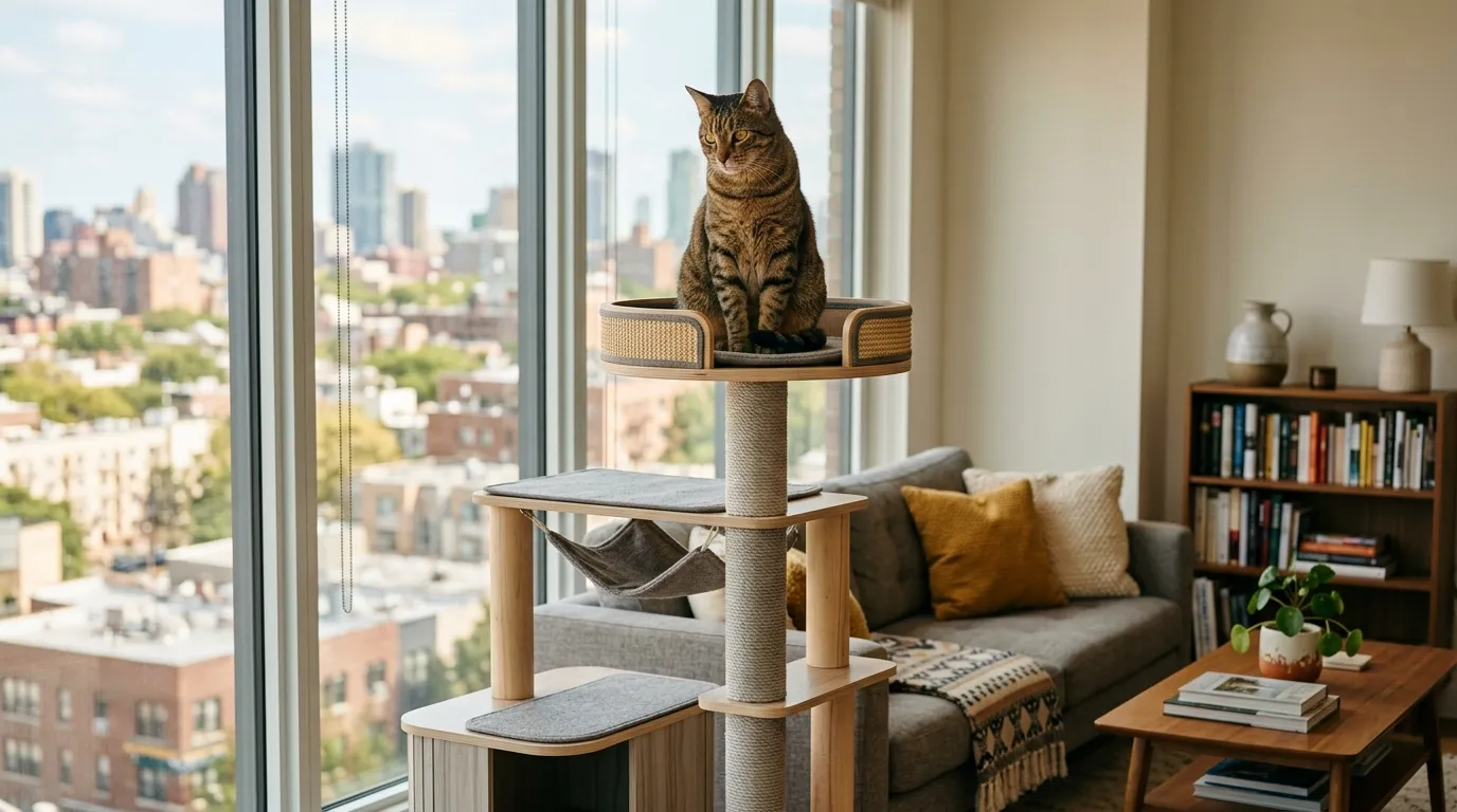 do indoor cats need a cat tree — tabby cat sitting confidently on highest platform of cat tree in sunlit apartment