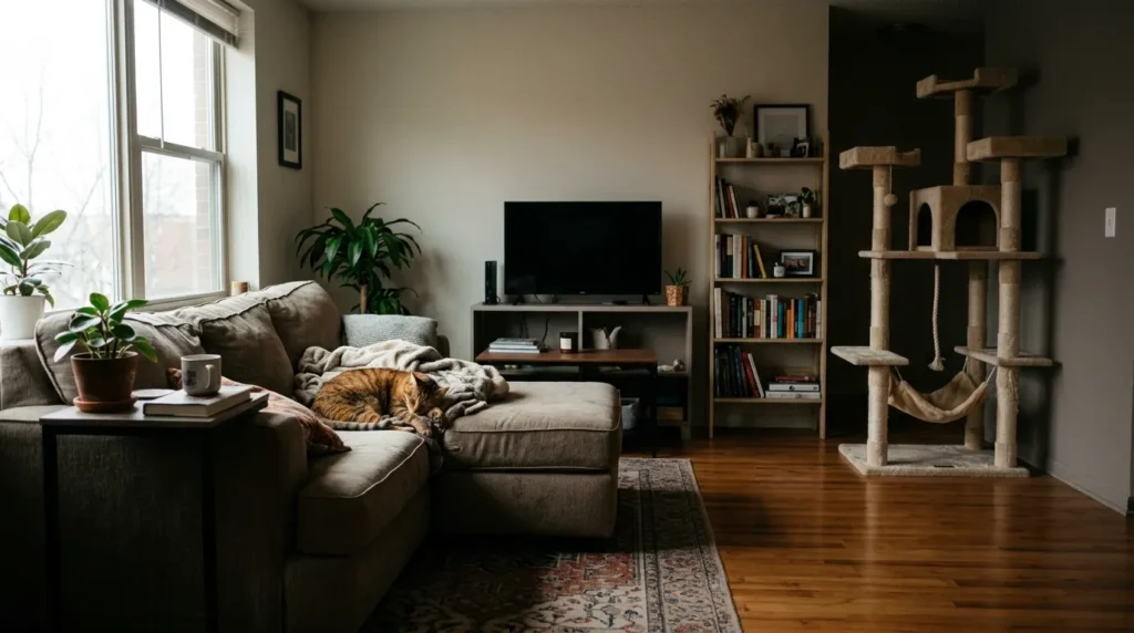 cat tree placement mistake unused — cat ignoring cat tree placed in wrong corner while sitting on couch in apartment