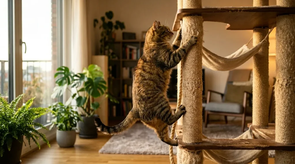 cat tree physical exercise vertical climbing — cat climbing sisal post with visible muscle engagement in apartment 