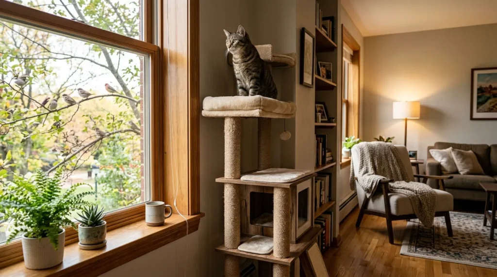cat tree placement near window — cat on top perch watching birds through apartment window from correctly placed tree