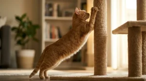 cat tree scratching claw maintenance — cat fully stretched against sisal post doing full body scratch on apartment cat tree
