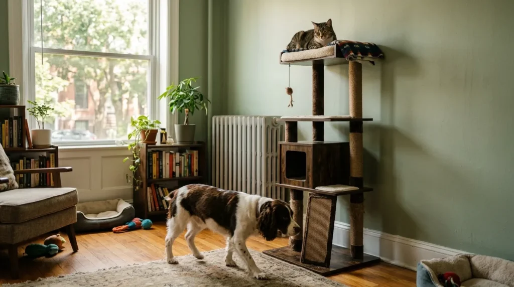 cat tree stress reduction multi-pet home — cat resting calmly on elevated platform while dog walks below in apartment