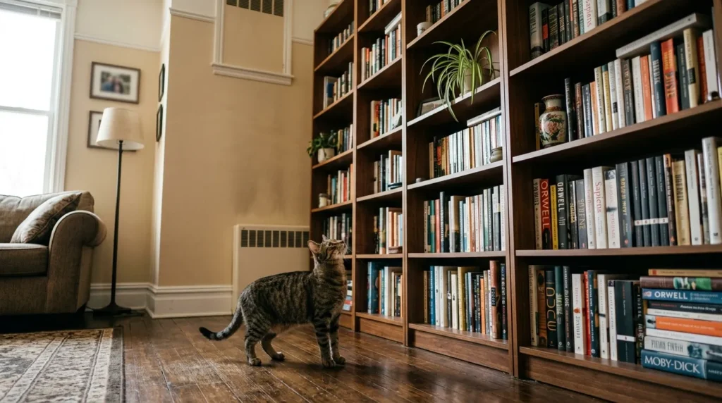 indoor cat vertical territory need — cat looking up at inaccessible high shelf in flat apartment environment 