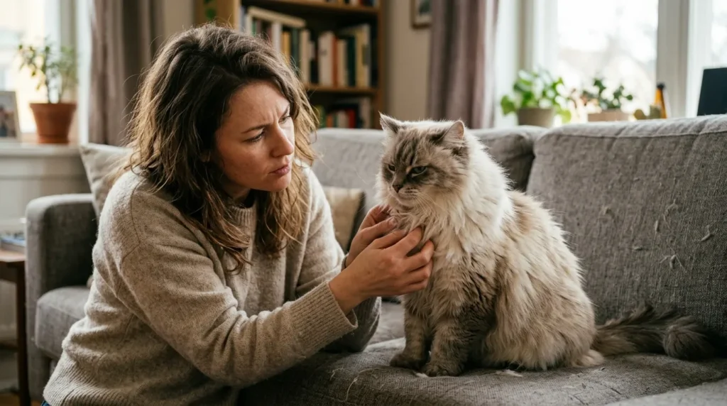 signs indoor cat needs professional grooming — owner finding problem in fluffy cat's coat on apartment couch 