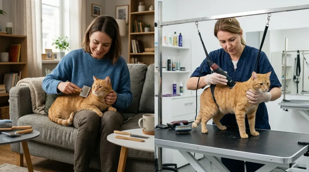 DIY vs professional cat grooming — home brushing beside professional grooming session comparison