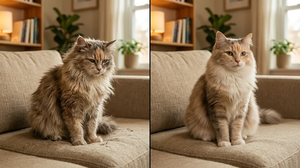 do indoor cats need professional grooming — long-haired cat before and after professional grooming session in apartment