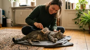 home cat grooming routine — owner brushing tabby cat with slicker brush collecting loose fur