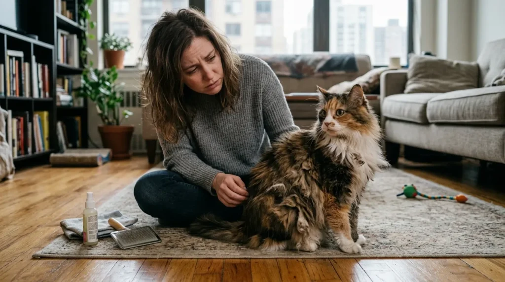  indoor cat grooming mistake — owner realizing long-haired cat has skin-level mats beyond home handling