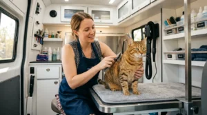 mobile cat grooming session — groomer working on calm tabby cat inside clean mobile grooming van 