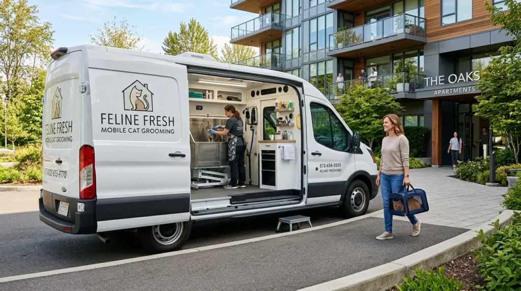  mobile cat grooming for indoor cats — mobile grooming van outside apartment building with owner approaching 