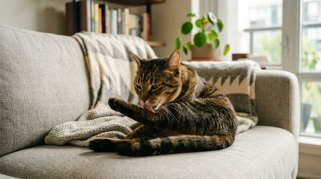 indoor cat grooming myth — short-haired tabby grooming itself on apartment couch