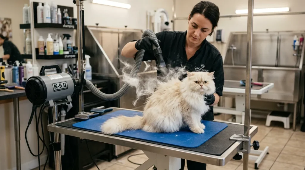 what professional cat groomers do — groomer using high velocity dryer on Persian cat to remove undercoat