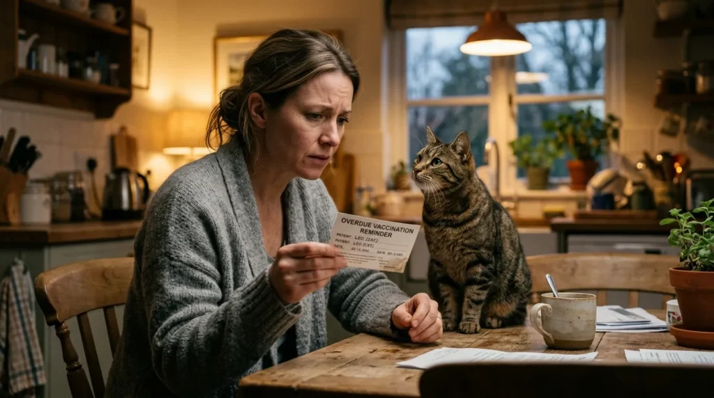 indoor cat vaccination mistake — owner looking at overdue vaccine reminder card with cat nearby