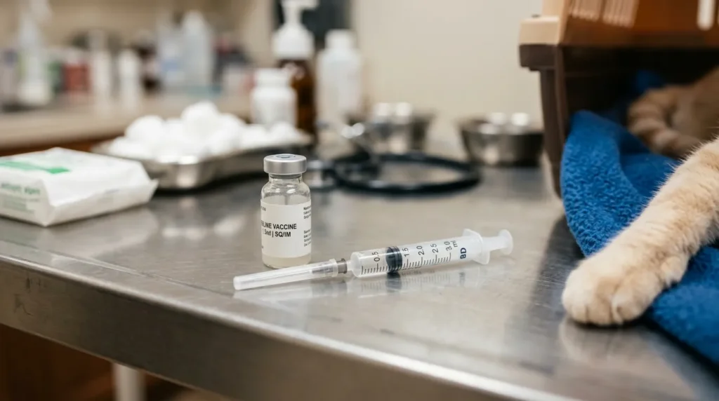 core vaccines for indoor cats — vaccine vial and syringe on vet clinic counter
