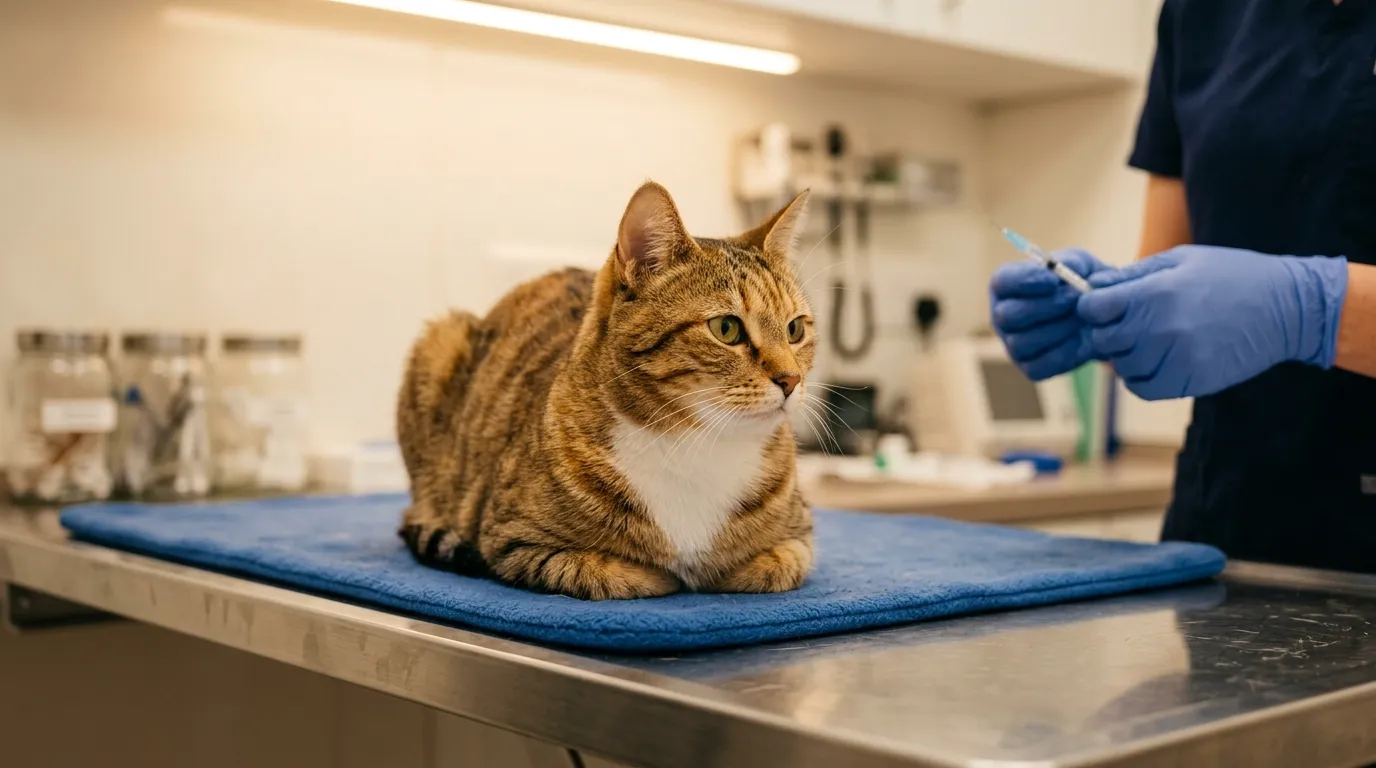 do indoor cats need vaccinations — tabby cat sitting calmly on vet exam table in a bright clinic