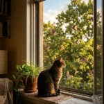 indoor cat disease exposure — cat sitting at open apartment window looking through screen at outside