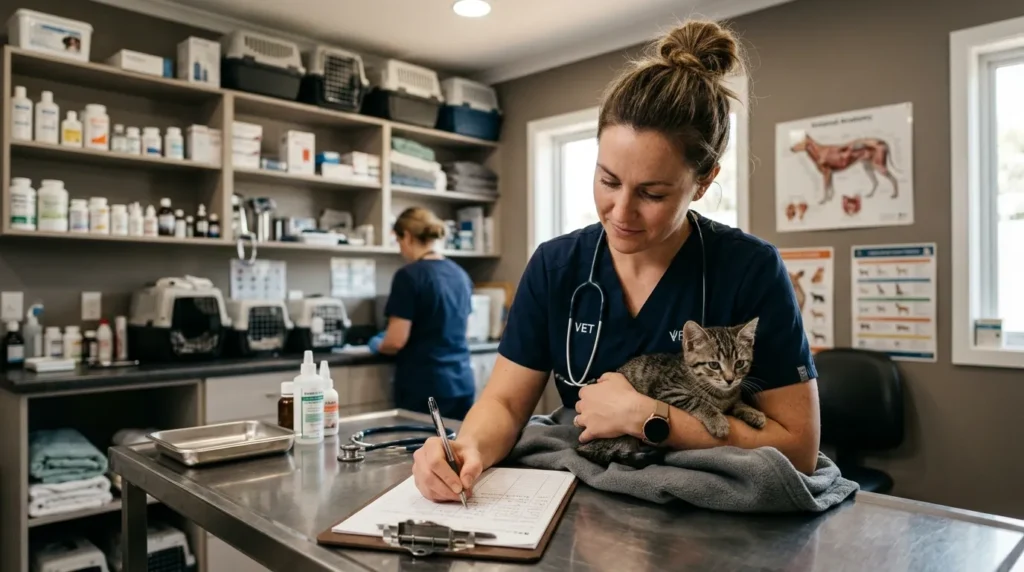 indoor cat vaccination schedule — vet holding kitten during wellness exam