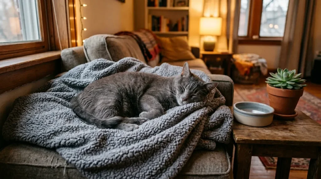 cat vaccine safety — gray cat resting at home on blanket after vaccination