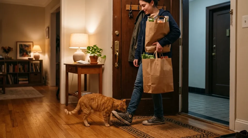 why indoor cats still need vaccinations — cat sniffing owner's shoes at apartment front door