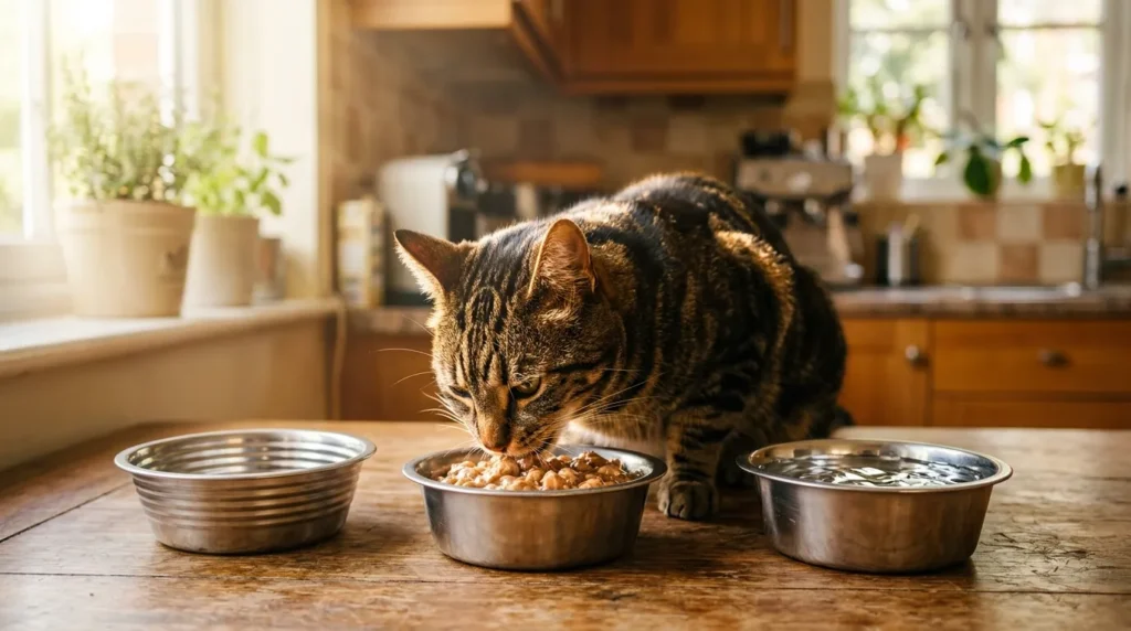 wet food benefits indoor cats — healthy glossy-coated tabby eating eagerly from wet food bowl in bright apartment kitchen