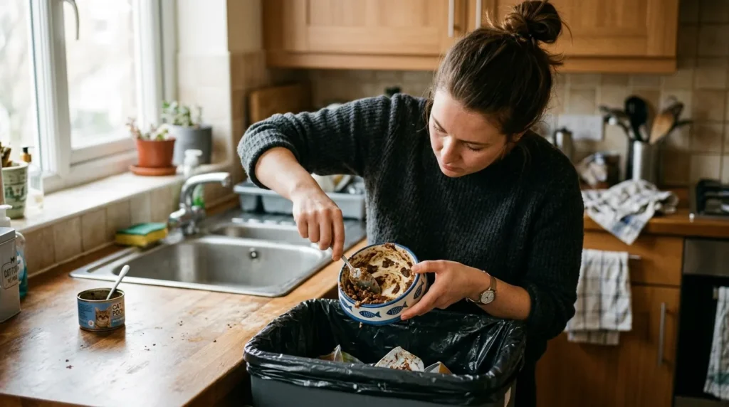 wet food daily indoor cat downsides — owner discarding leftover wet food from bowl communicating spoilage management challenge