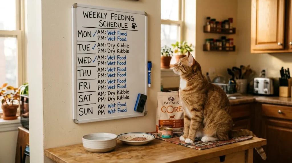 do indoor cats need wet food every day frequency — weekly feeding schedule on apartment kitchen whiteboard showing mixed wet dry diet