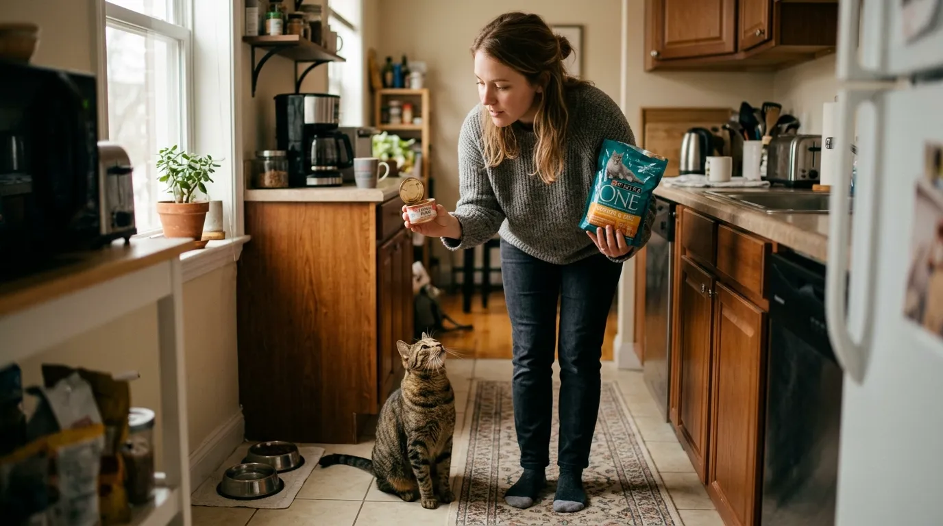 do indoor cats need wet food every day — owner holding wet food can and dry kibble bag looking uncertain while cat watches in apartment kitchen