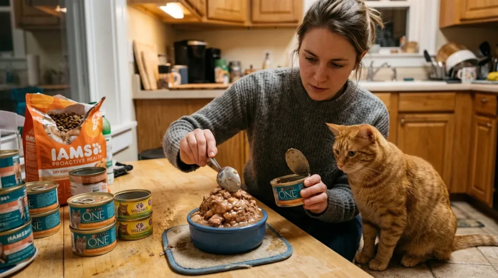 indoor cat wet food daily mistakes — owner over-portioning wet food from multiple cans while cat waits beside oversized bowl in apartment kitchen