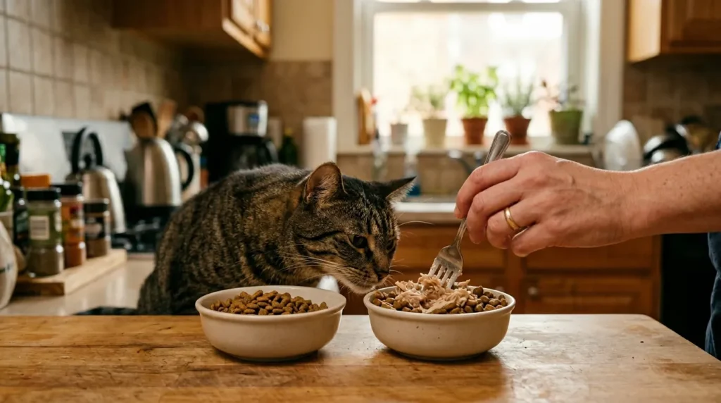 transitioning indoor cat to wet food — owner mixing small amount of wet food into dry kibble bowl with curious tabby sniffing in apartment kitche