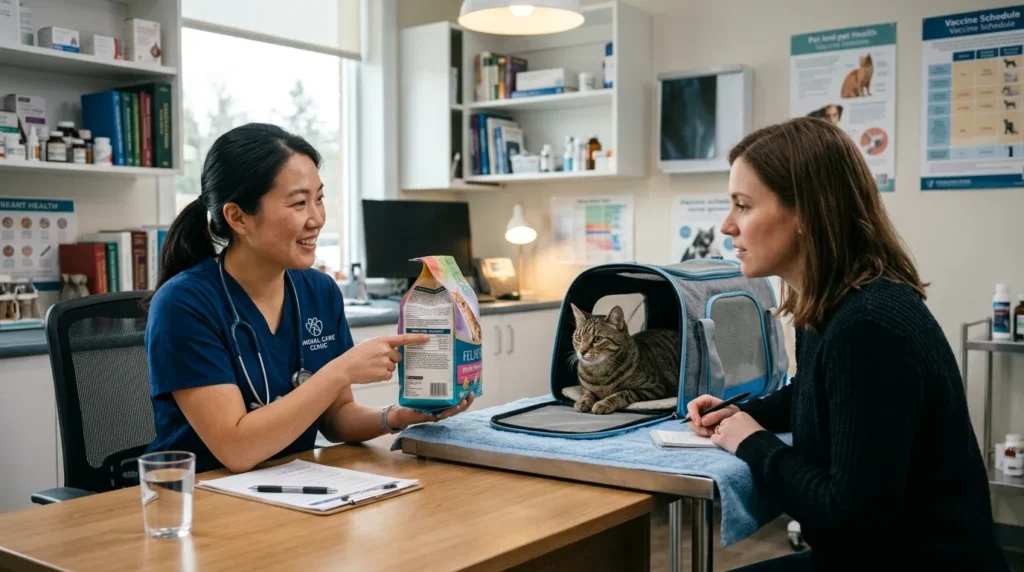 do indoor cats need wet food every day vet advice — vet pointing to food label moisture content while explaining to owner in clinic