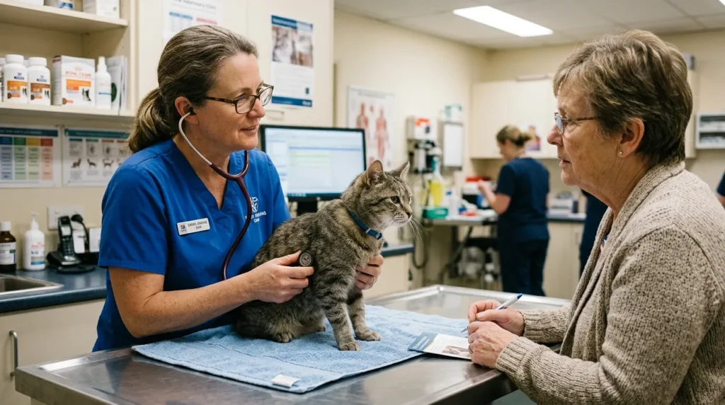indoor cat wet food diet vet visit — senior cat being examined on clinic table while owner discusses diet changes with vet