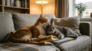 bonded cat pair apartment — two cats grooming each other on a couch showing a successfully bonded companion relationship