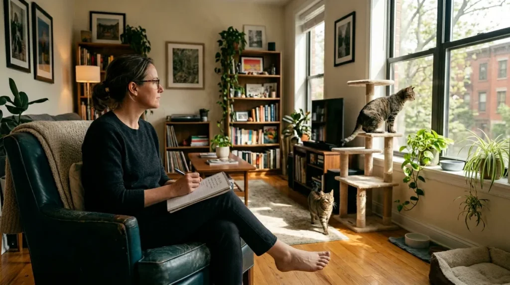  indoor cat companion decision — owner observing a single cat's behavior and enrichment setup before making a second cat decision showing the correct evaluation process