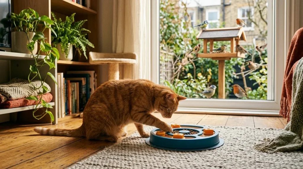does indoor cat need a companion or enrichment — cat fully engaged with a puzzle feeder and window activity showing enrichment solving what owners assume needs a second cat