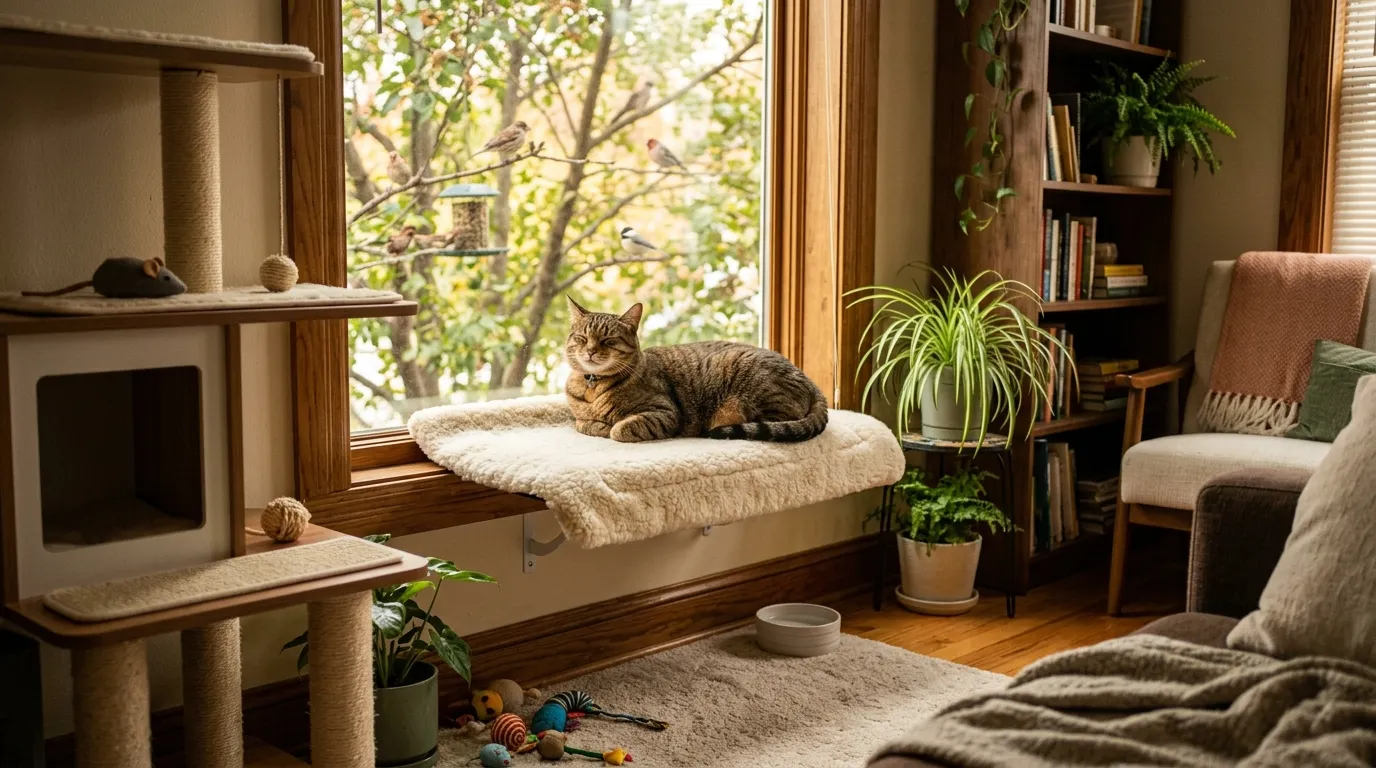 does indoor cat need a companion — single contented cat relaxing alone on a window perch in a well-enriched apartment showing a happy solo indoor cat