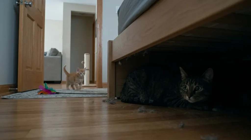 indoor cat companion mistake — adult territorial cat hiding under a bed while a new kitten explores the apartment showing a failed rushed introduction