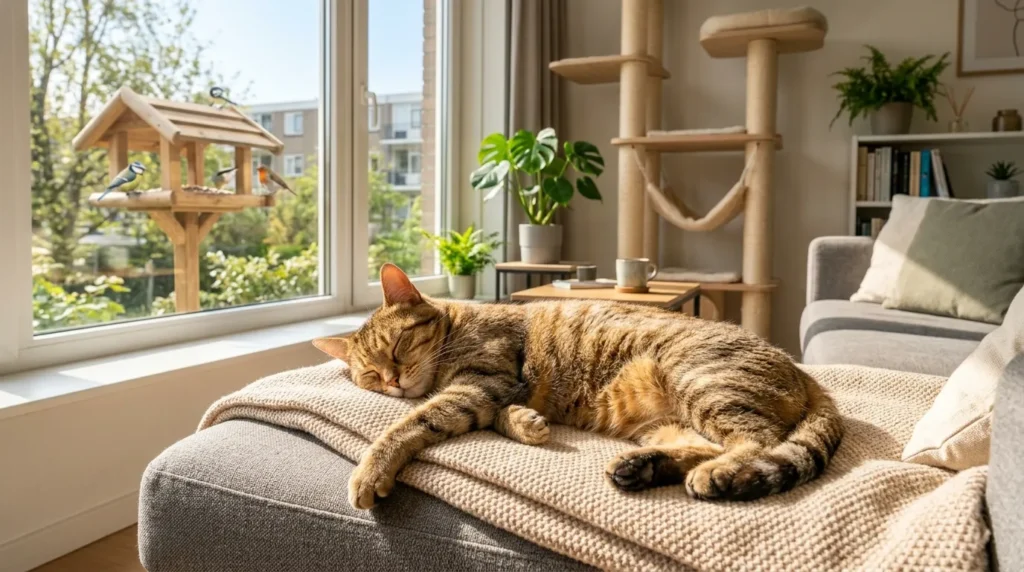  indoor cat fine living alone — cat sleeping contentedly in a sunny spot on an apartment couch showing behavioral signs of a satisfied single-cat household