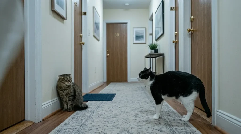 indoor cat companion tension — two cats with visible territorial body language staring each other down at opposite ends of an apartment hallway showing incompatibility