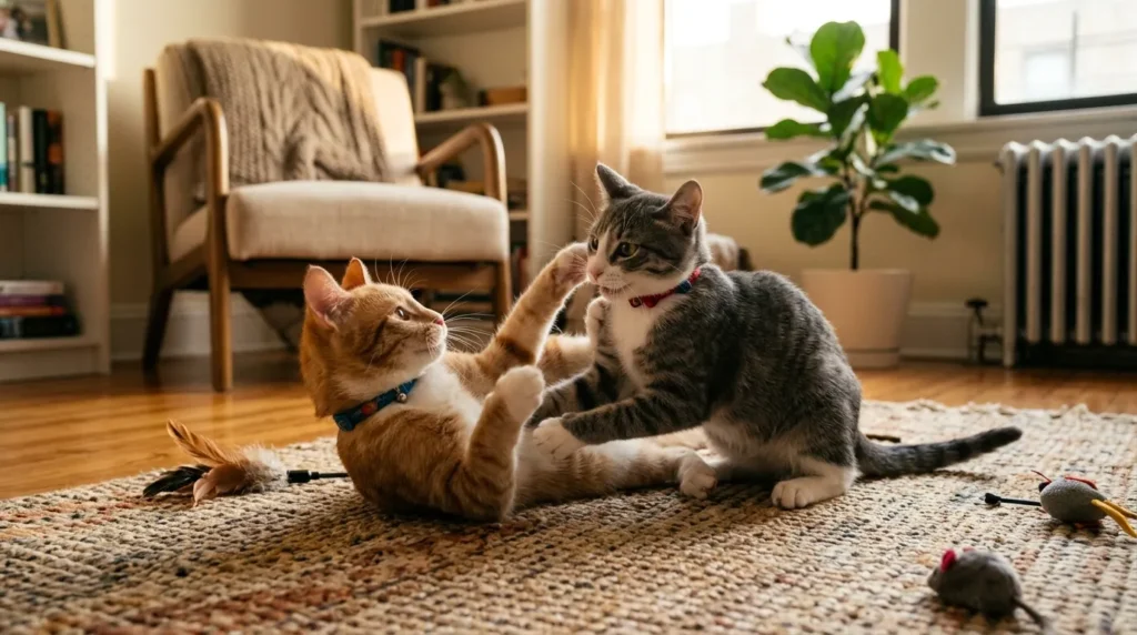 indoor cat companion when it works — two young cats playing together in an apartment showing the specific conditions where a companion genuinely benefits