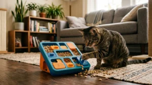 dry food puzzle feeder indoor cat enrichment — striped cat batting at puzzle feeder filled with kibble on apartment floor