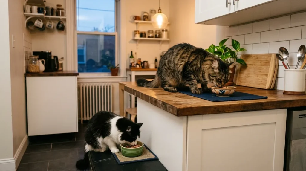 elevated feeding station separate cats — one cat eating on counter and second cat eating on floor in apartment kitchen without tension