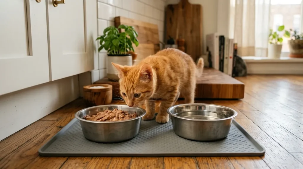 feeding setup first apartment cat — two stainless steel bowls with wet food and water on mat in apartment kitchen