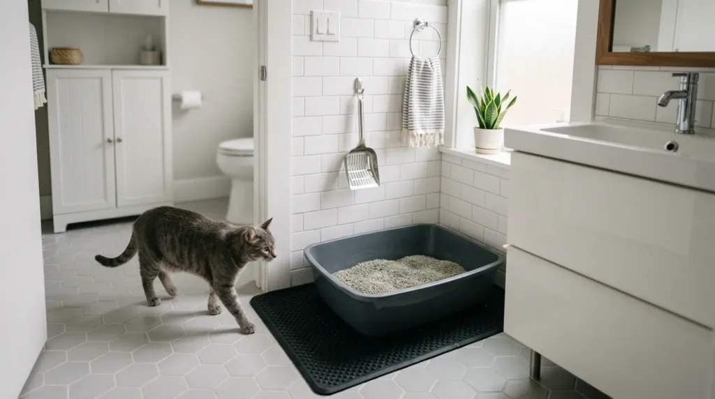 litter box setup first apartment cat — large uncovered litter box on mat with scoop in apartment bathroom