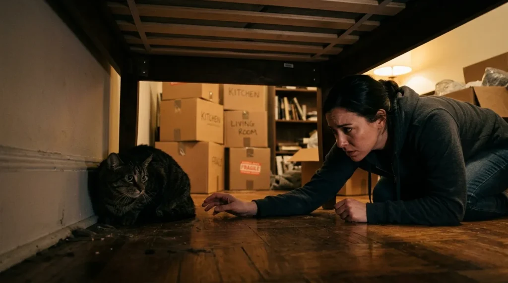 first apartment cat mistakes — stressed cat hiding under bed while worried owner crouches looking underneath
