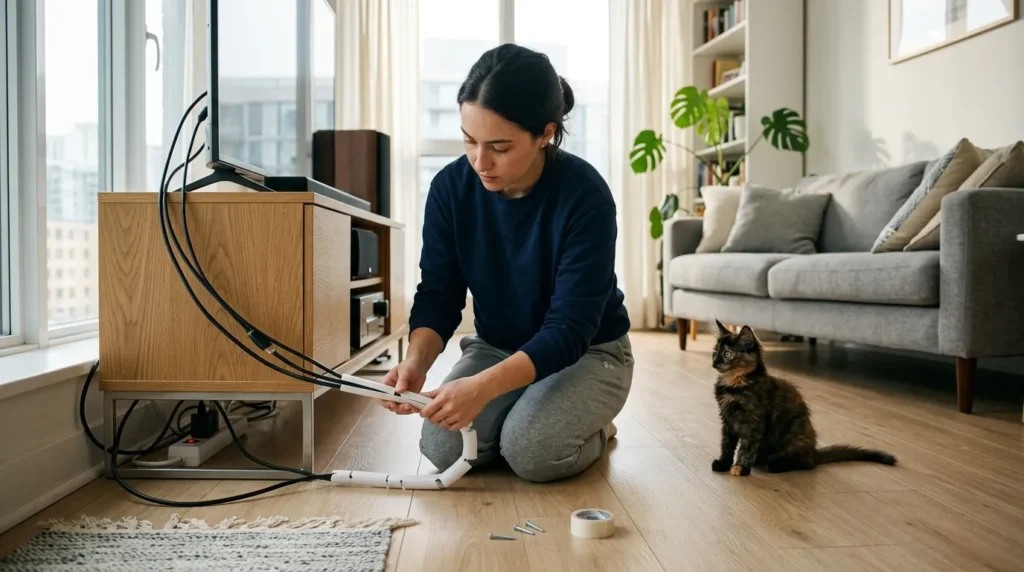 cat proofing first apartment security deposit — person installing cord cover near TV stand with kitten watching nearby
