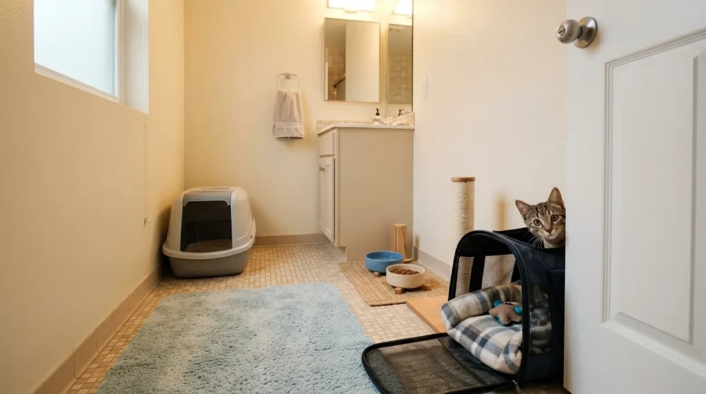 safe room setup first apartment cat — bathroom with litter box bowls open carrier and scratching post with shy cat exploring