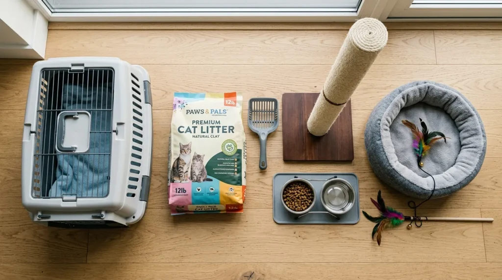 first apartment cat supplies — flat lay of carrier bowls litter scratching post bed and wand toy on apartment floor