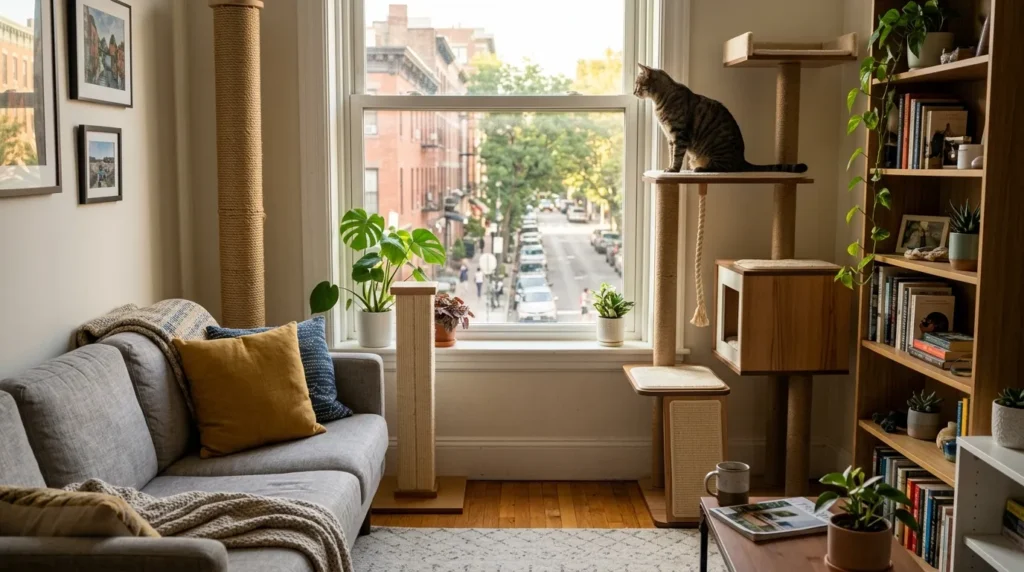 vertical space enrichment first apartment cat — tabby cat on tall cat tree next to window in small apartment living room