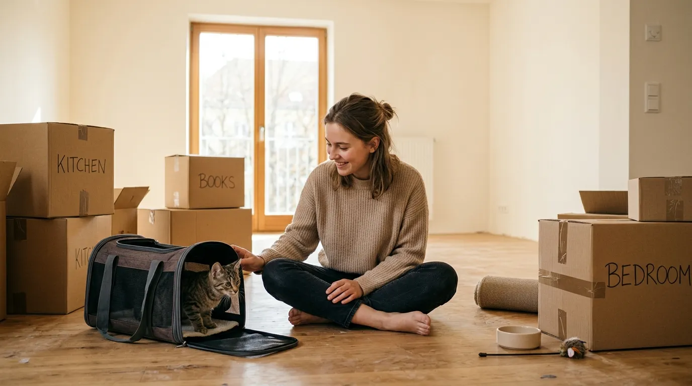 first apartment with a cat what you need — young woman on floor of empty apartment with nervous cat in open carrier nearby
